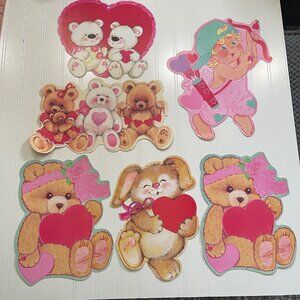 VTG 6 Valentines Day Cardboard Cutouts Decorations Bears Hearts Cherub Bunny